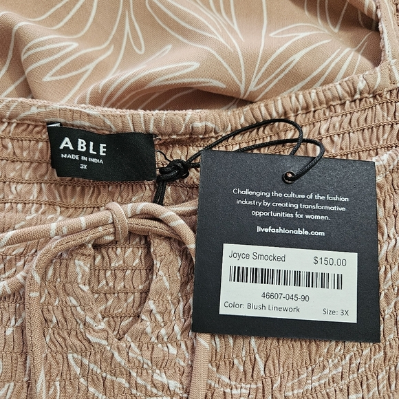 Able Joyce Smocked Midi Dress Size 3X, Blush Linework, 100% Viscose, Peasant - Picture 6 of 9